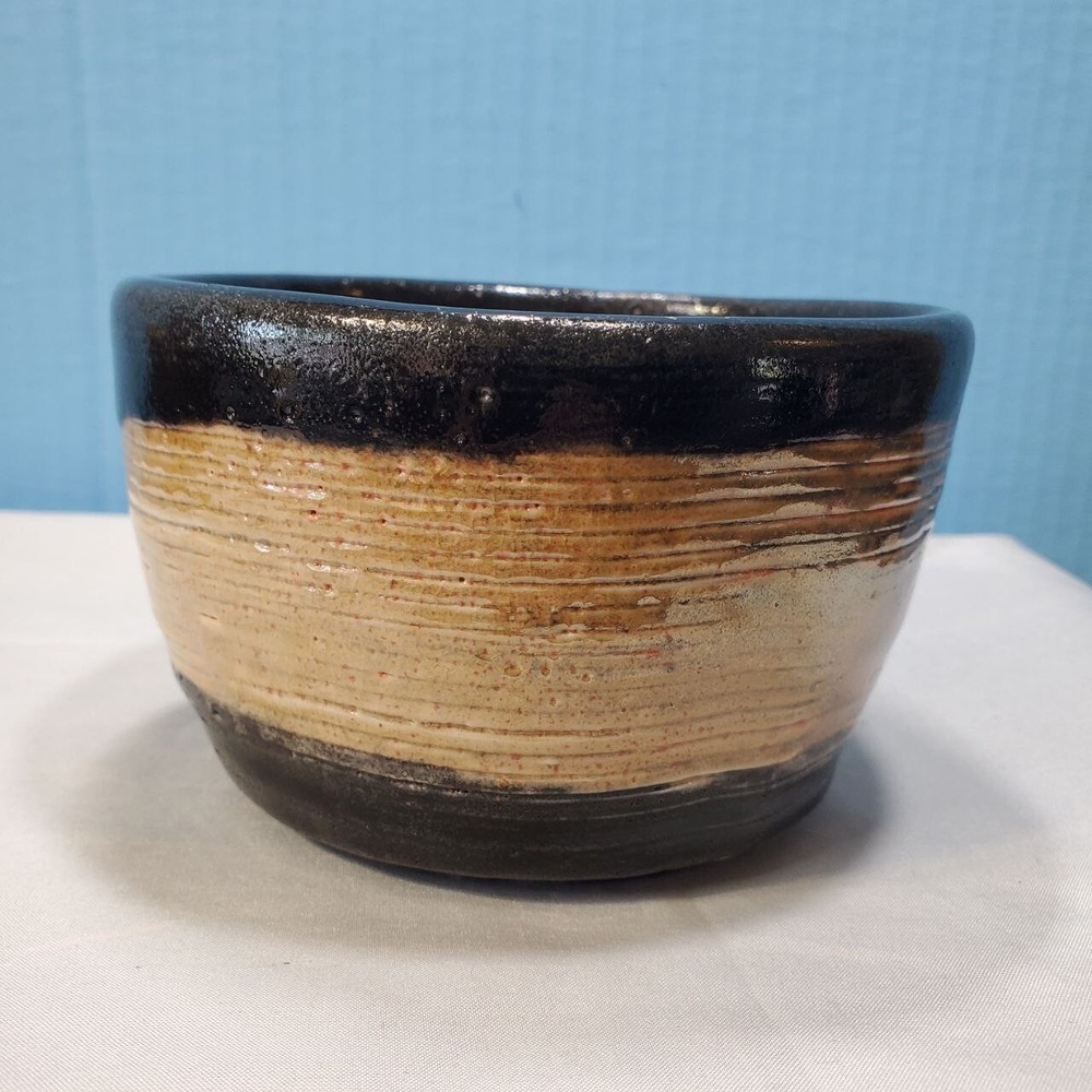Handmade Stoneware Bowl Brown Tan Terracotta Drip Glaze Pottery Signed VF 5-06